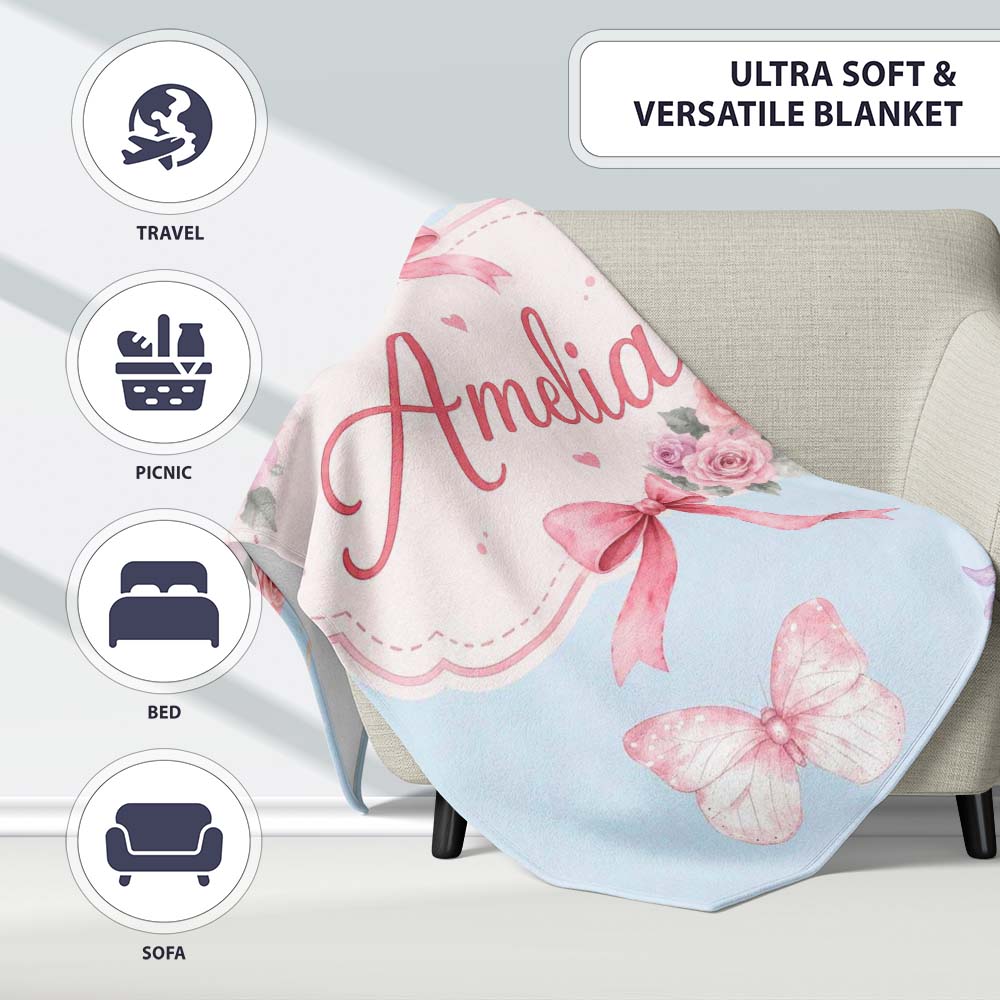 Elegant Watercolor Rose Bouquet Ribbon Butterfly Soft Blue Lovely Personalised Custom Name Super Soft Fleece Blanket Bed Sofa Throw