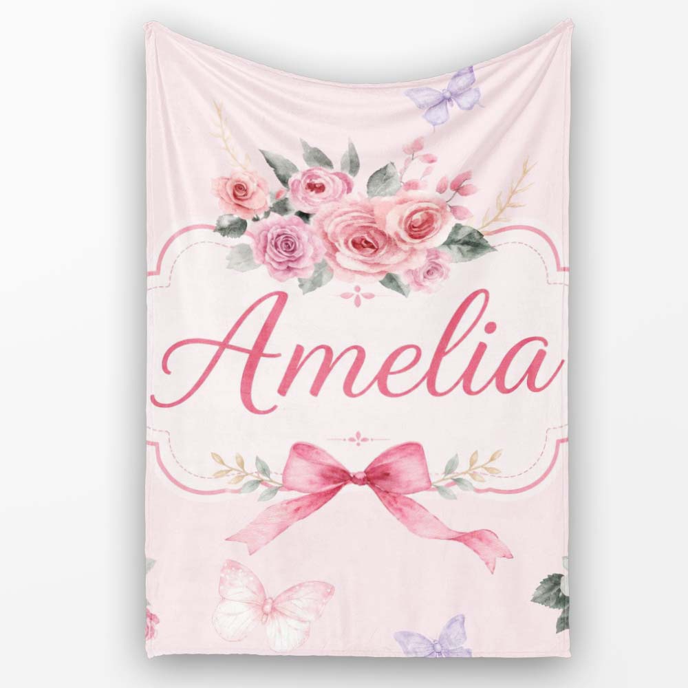 Elegant Watercolor Rose Bouquet Ribbon Butterfly Soft Blush Lovely Personalised Custom Name Super Soft Fleece Blanket Bed Sofa Throw