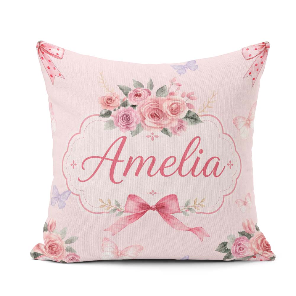 Custom Name Elegant Watercolor Rose Bouquet Butterfly Soft Blush Square Filled Cushion Throw Pillow Sofa Bed Home Decor Zip Washable UK Made