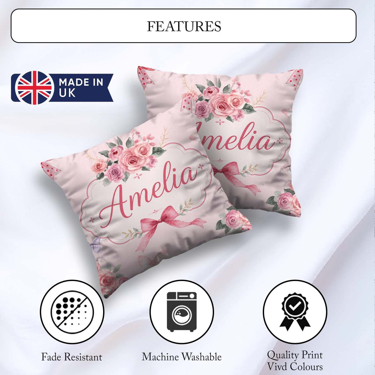 Custom Name Elegant Watercolor Rose Bouquet Butterfly Soft Blush Square Filled Cushion Throw Pillow Sofa Bed Home Decor Zip Washable UK Made