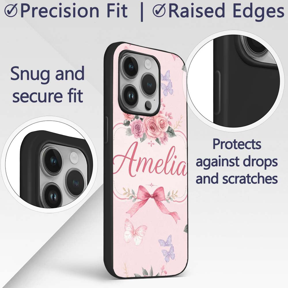 Elegant Watercolor Rose Bouquet Ribbon Butterfly Custom Name Protective Phone Case Mobile Cover Durable Everyday Smartphone Shock Resistant