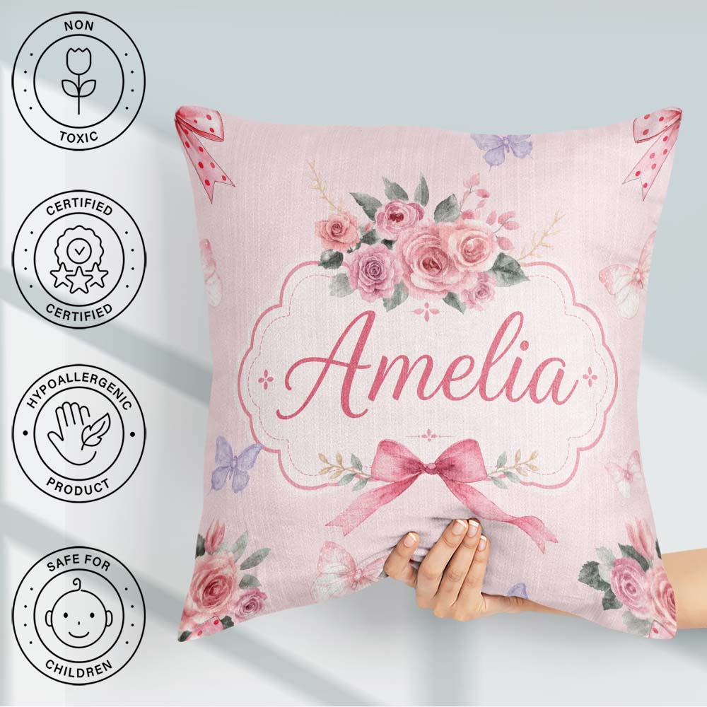 Custom Name Elegant Watercolor Rose Bouquet Butterfly Soft Blush Square Filled Cushion Throw Pillow Sofa Bed Home Decor Zip Washable UK Made