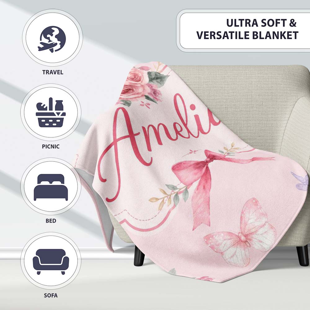 Elegant Watercolor Rose Bouquet Ribbon Butterfly Soft Blush Lovely Personalised Custom Name Super Soft Fleece Blanket Bed Sofa Throw