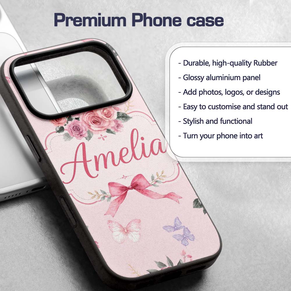 Elegant Watercolor Rose Bouquet Ribbon Butterfly Custom Name Protective Phone Case Mobile Cover Durable Everyday Smartphone Shock Resistant