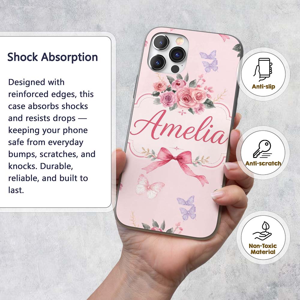 Elegant Watercolor Rose Bouquet Ribbon Butterfly Custom Name Protective Phone Case Mobile Cover Durable Everyday Smartphone Shock Resistant