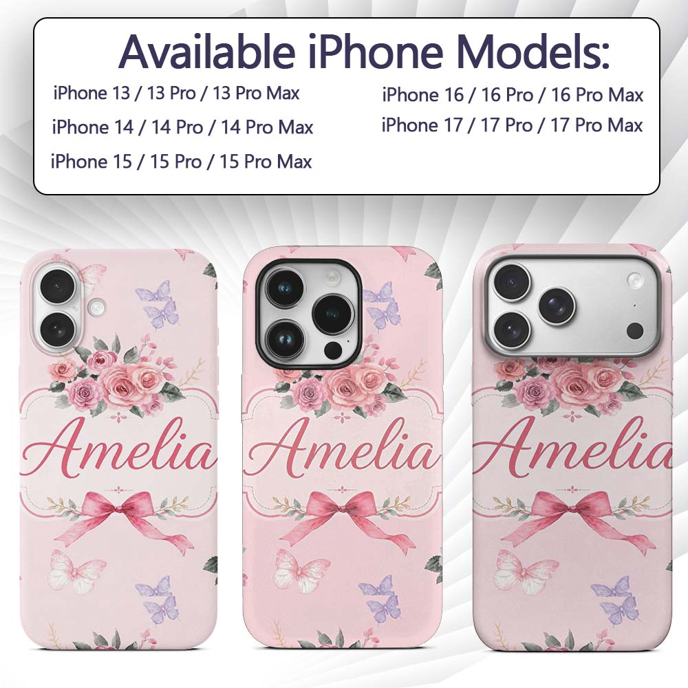 Elegant Watercolor Rose Bouquet Ribbon Butterfly Custom Name Protective Phone Case Mobile Cover Durable Everyday Smartphone Shock Resistant