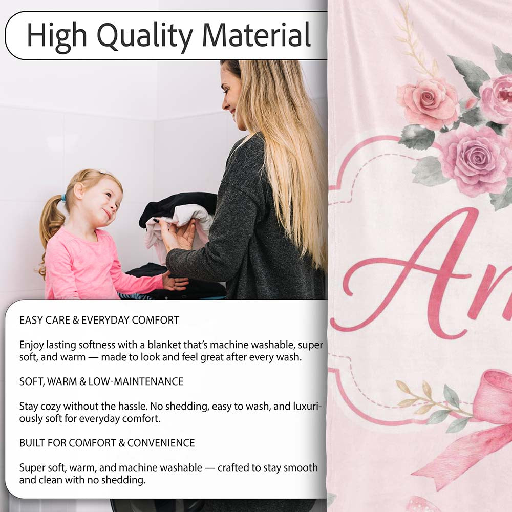 Elegant Watercolor Rose Bouquet Ribbon Butterfly Soft Blush Lovely Personalised Custom Name Super Soft Fleece Blanket Bed Sofa Throw
