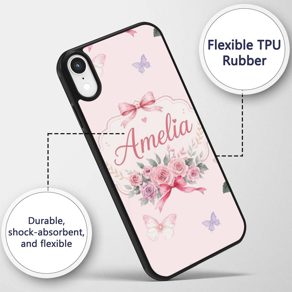 Elegant Watercolor Rose Bouquet Ribbon Butterfly Custom Name Protective Phone Case Mobile Cover Durable Everyday Smartphone Shock Resistant