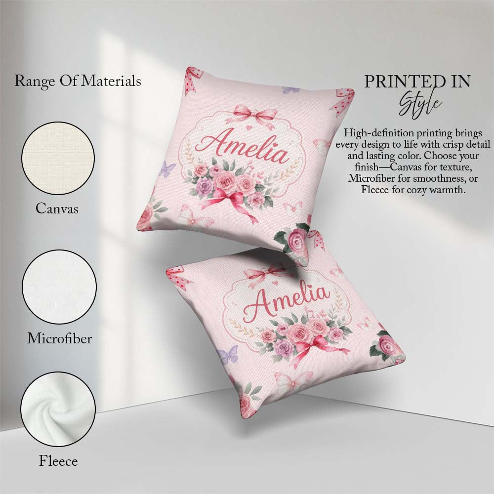 Custom Name Elegant Watercolor Rose Bouquet Butterfly Soft Beige Square Filled Cushion Throw Pillow Sofa Bed Home Decor Zip Washable UK Made