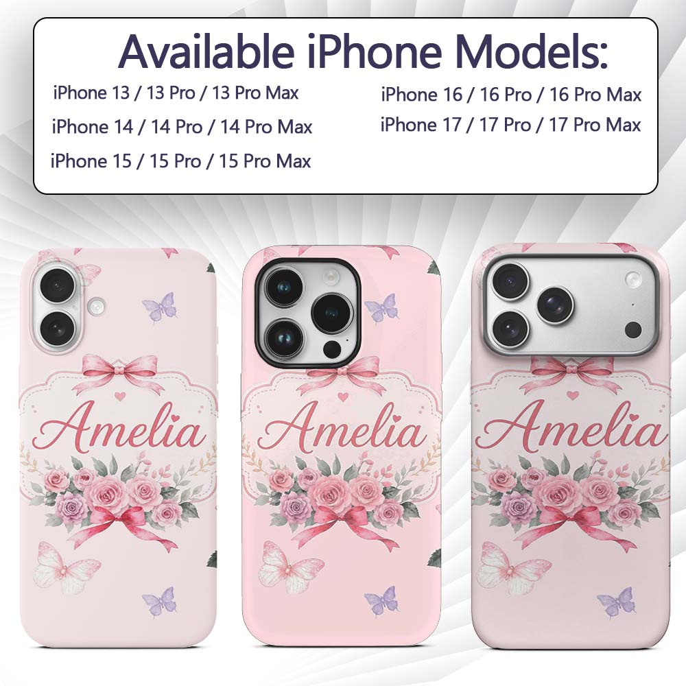 Elegant Watercolor Rose Bouquet Ribbon Butterfly Custom Name Protective Phone Case Mobile Cover Durable Everyday Smartphone Shock Resistant