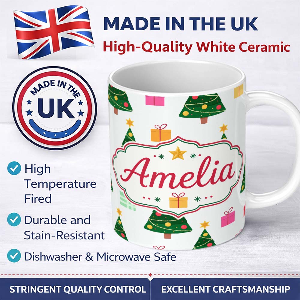 Personalized Custom Name Cute Christmas Tree Gift Box Festive Seamless Pattern 11oz Ceramic Coffee Tea Mug White Large Handle