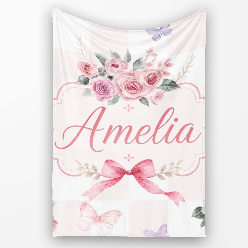 Elegant Watercolor Rose Bouquet Ribbon Butterfly Pastel Check Lovely Personalised Custom Name Super Soft Fleece Blanket Bed Sofa Throw