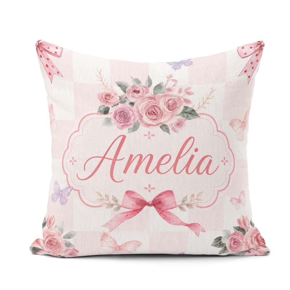 Custom Name Elegant Watercolor Rose Bouquet Ribbon Pastel Check Square Filled Cushion Throw Pillow Sofa Bed Home Decor Zip Washable UK Made