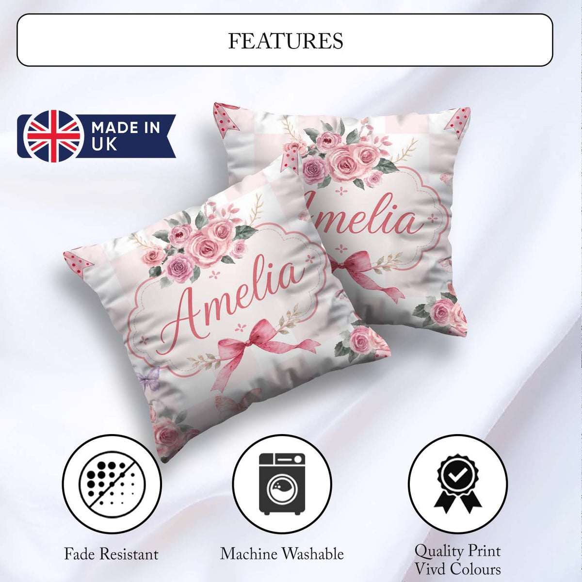 Custom Name Elegant Watercolor Rose Bouquet Ribbon Pastel Check Square Filled Cushion Throw Pillow Sofa Bed Home Decor Zip Washable UK Made