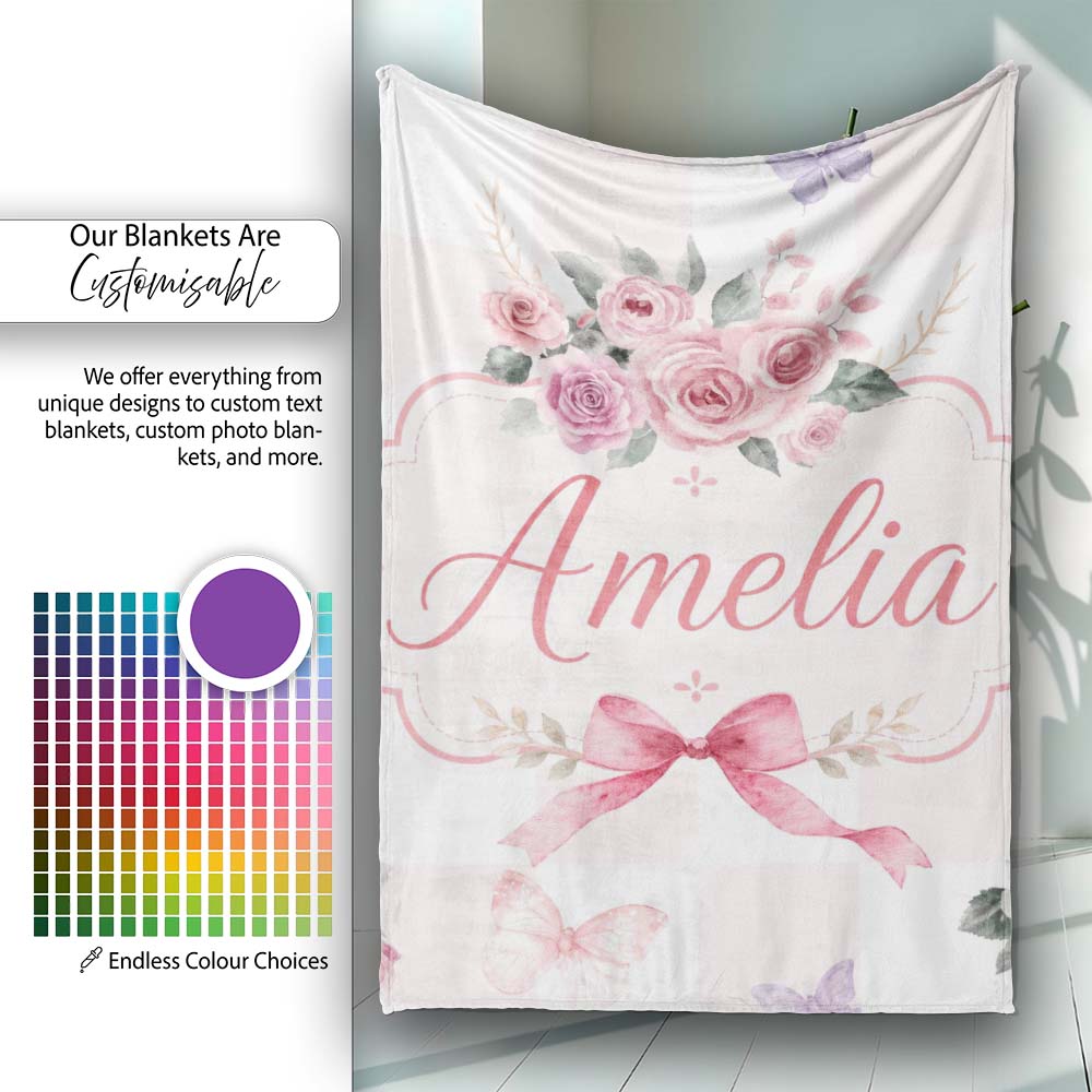 Elegant Watercolor Rose Bouquet Ribbon Butterfly Pastel Check Lovely Personalised Custom Name Super Soft Fleece Blanket Bed Sofa Throw