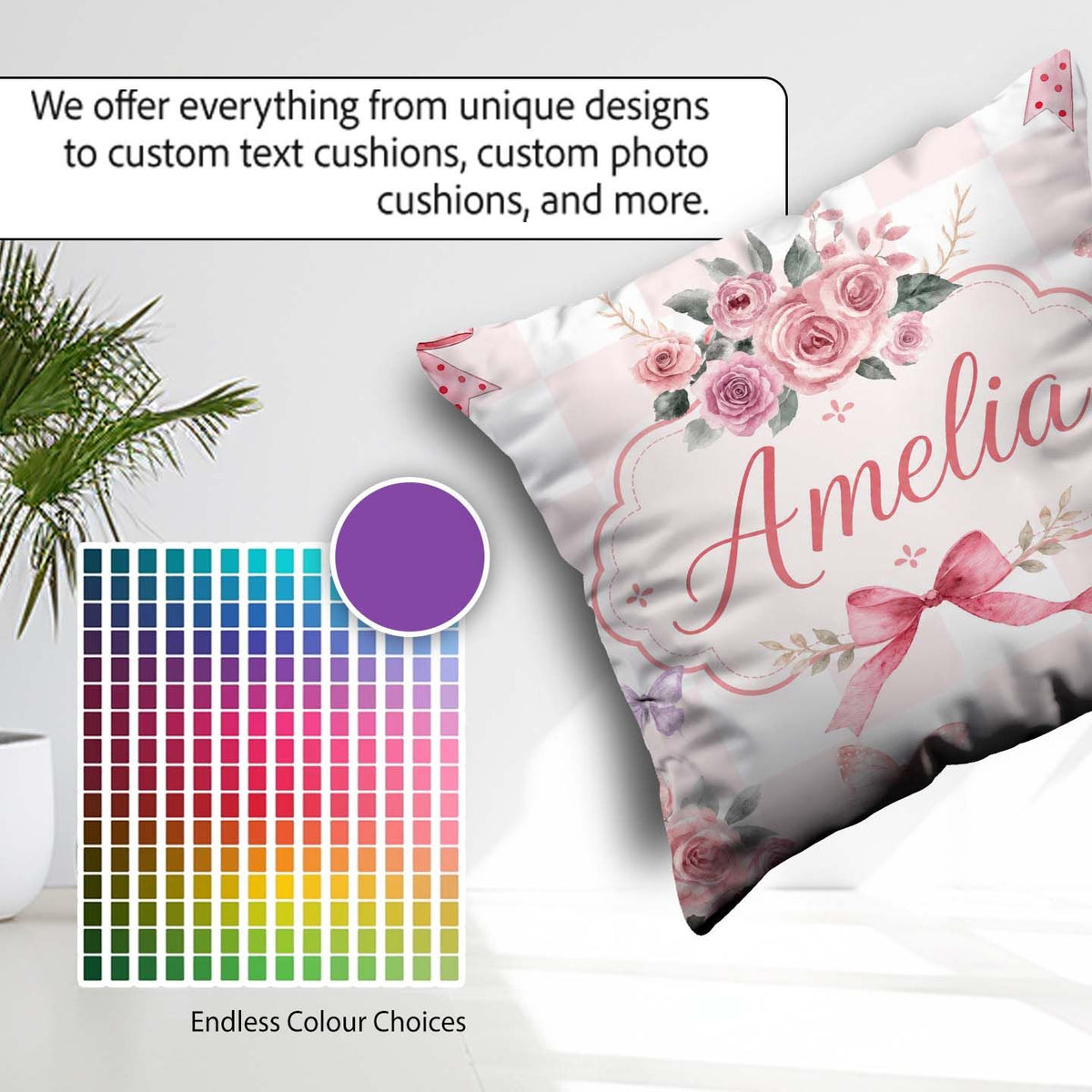 Custom Name Elegant Watercolor Rose Bouquet Ribbon Pastel Check Square Filled Cushion Throw Pillow Sofa Bed Home Decor Zip Washable UK Made