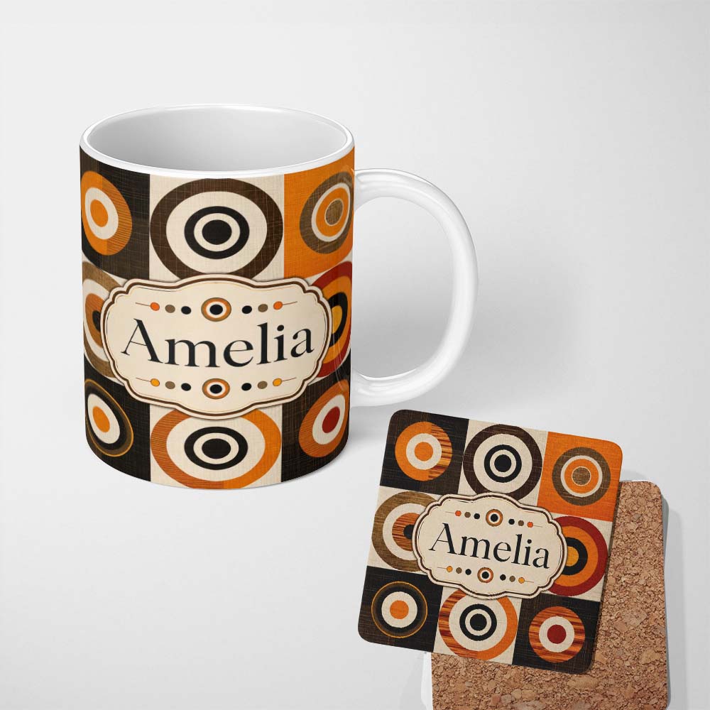 Personalized Custom Name Concentric Circle Pattern in Orange Brown and Cream Cute Unique Gift 11oz Ceramic Coffee Tea Mug White Large Handle
