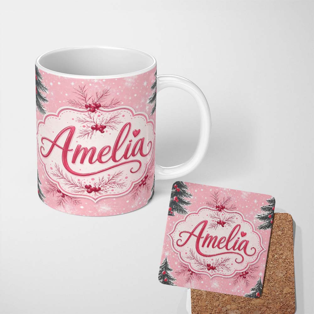 Personalized Custom Name Winter Pine Branch Red Berry Snowy Pink Seamless Pattern Lovely 11oz Ceramic Coffee Tea Mug White Large Handle