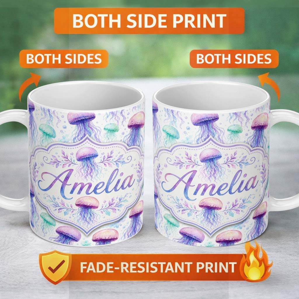 Personalized Custom Name Soft Watercolor Jellyfish in Pastel Purple and Aqua Seamless Marine 11oz Ceramic Coffee Tea Mug White Large Handle