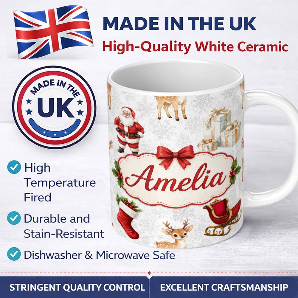 Personalized Custom Name Cute Christmas Santa Reindeer Sleigh Gift Seamless Pattern Lovely 11oz Ceramic Coffee Tea Mug White Large Handle