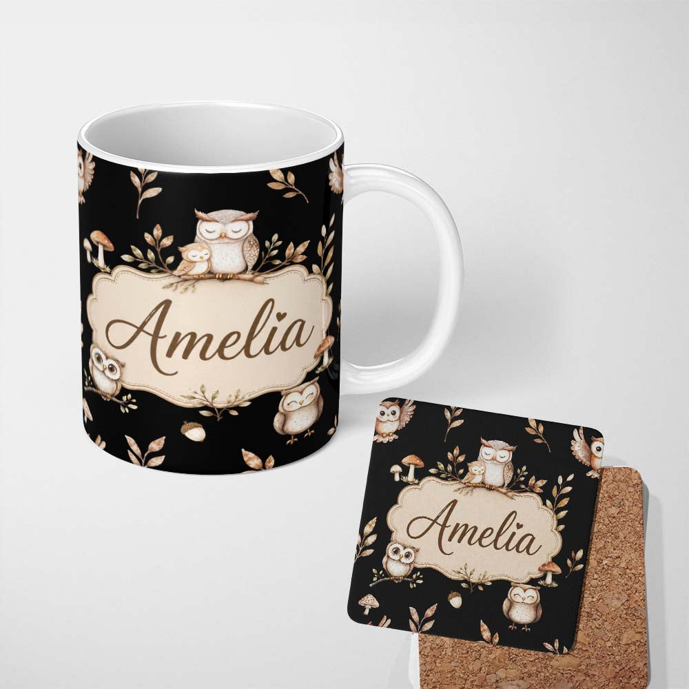 Personalized Custom Name Cute Owls Sitting on Branch Woodland Leaves Mushrooms Seamless 11oz Ceramic Coffee Tea Mug White Large Handle