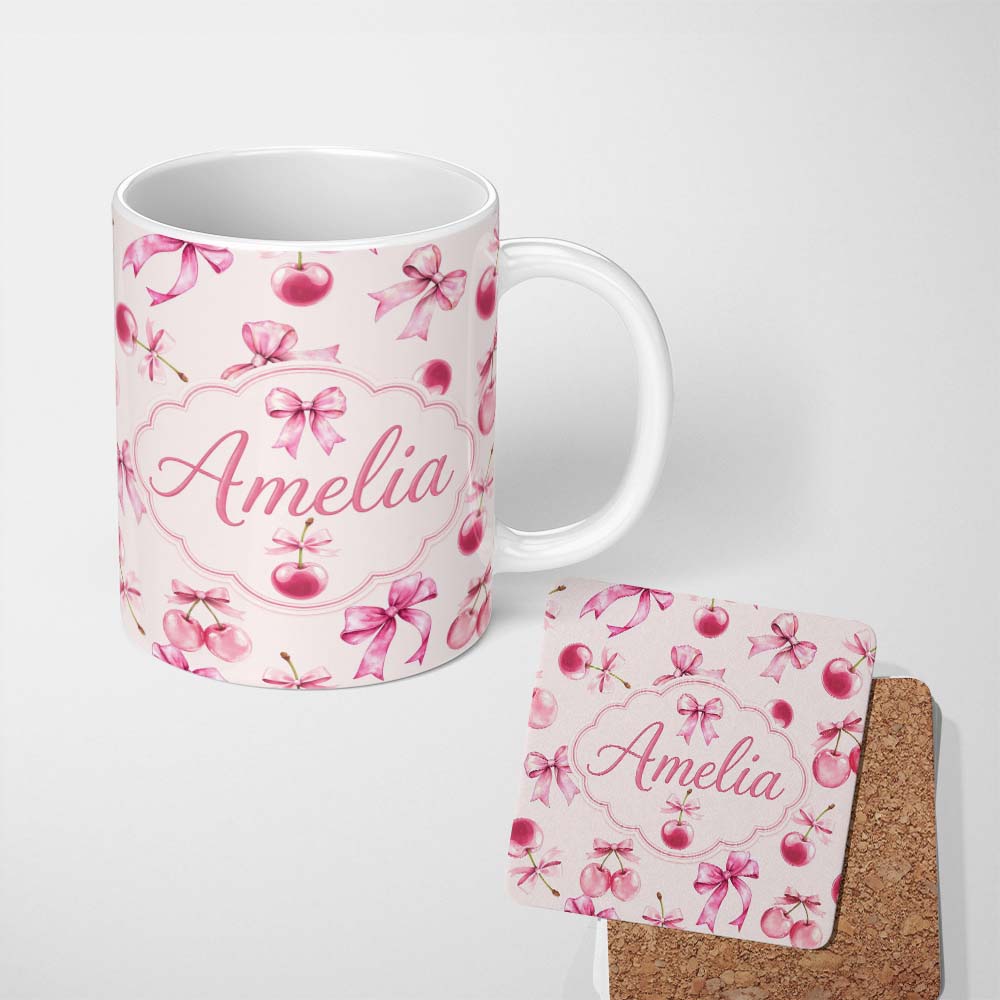 Personalized Custom Name Watercolor Pink Cherry Ribbon Bow Seamless Pattern Blush Neutral 11oz Ceramic Coffee Tea Mug White Large Handle