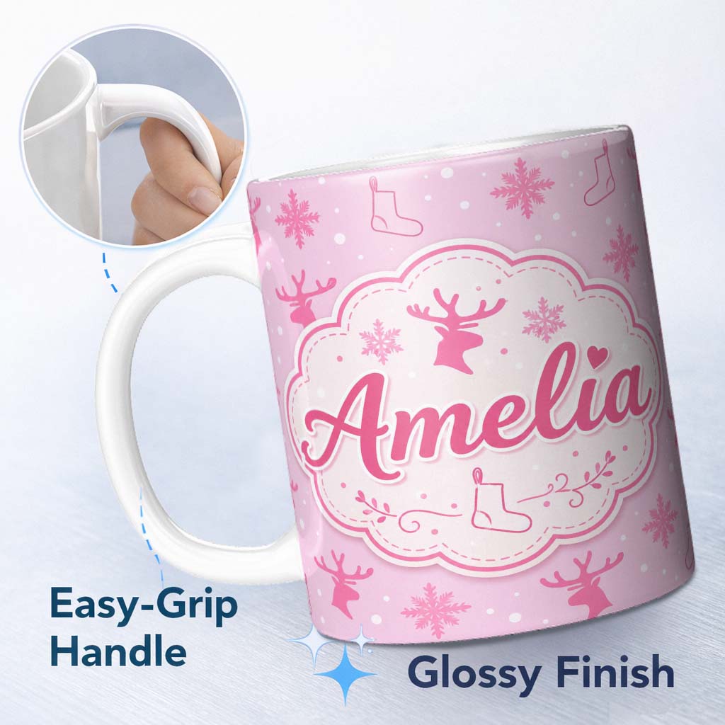 Personalized Custom Name Minimal Pink Reindeer Snowflake Stocking Seamless Pattern Lovely 11oz Ceramic Coffee Tea Mug White Large Handle