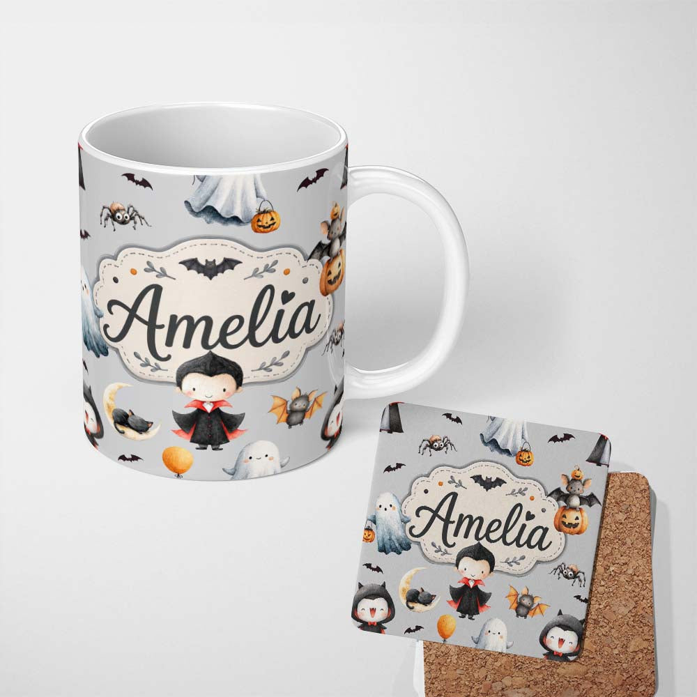 Personalized Custom Name Cute Halloween Vampire Ghost Bats Spooky Grey Background Seamless 11oz Ceramic Coffee Tea Mug White Large Handle