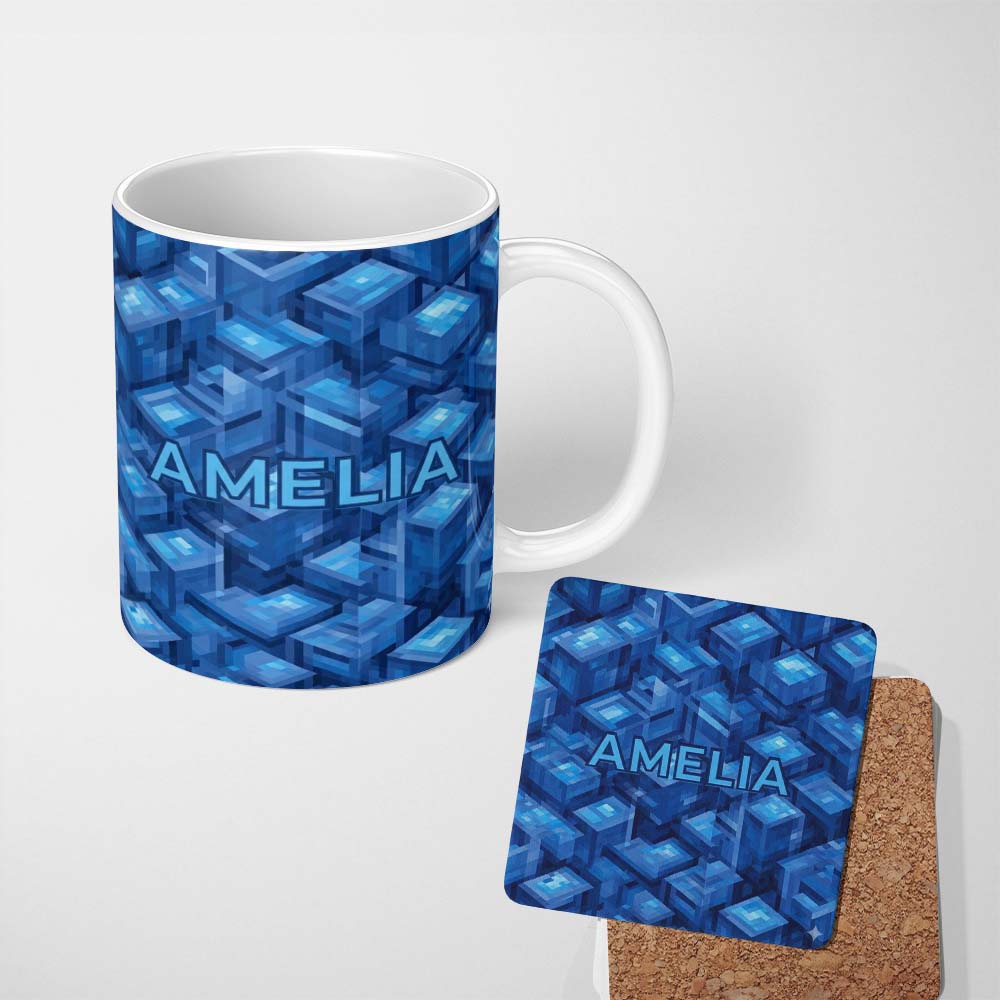 Personalized Custom Name Blue 3D Cube Block Geometric Abstract Seamless Pattern Lovely 11oz Ceramic Coffee Tea Mug White Large Handle