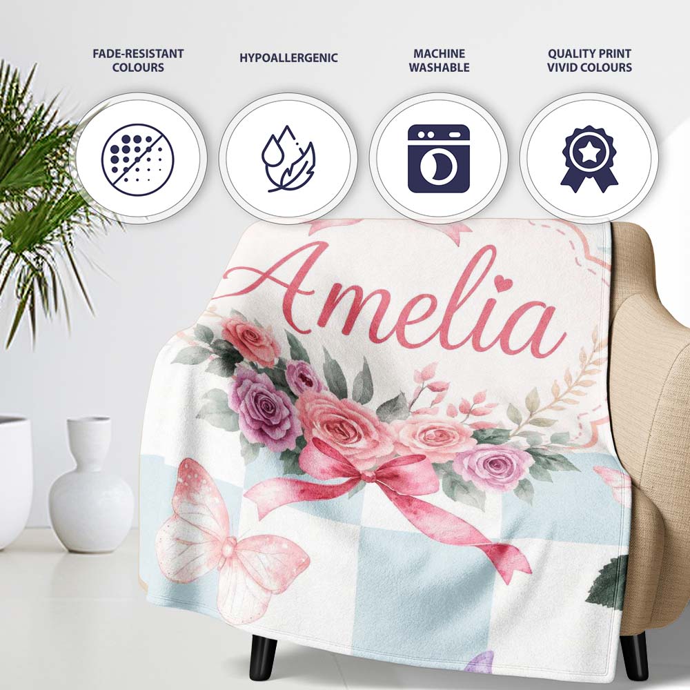 Elegant Watercolor Rose Bouquet Ribbon Butterfly Soft Blue Check Personalised Custom Name Super Soft Fleece Blanket Bed Sofa Throw