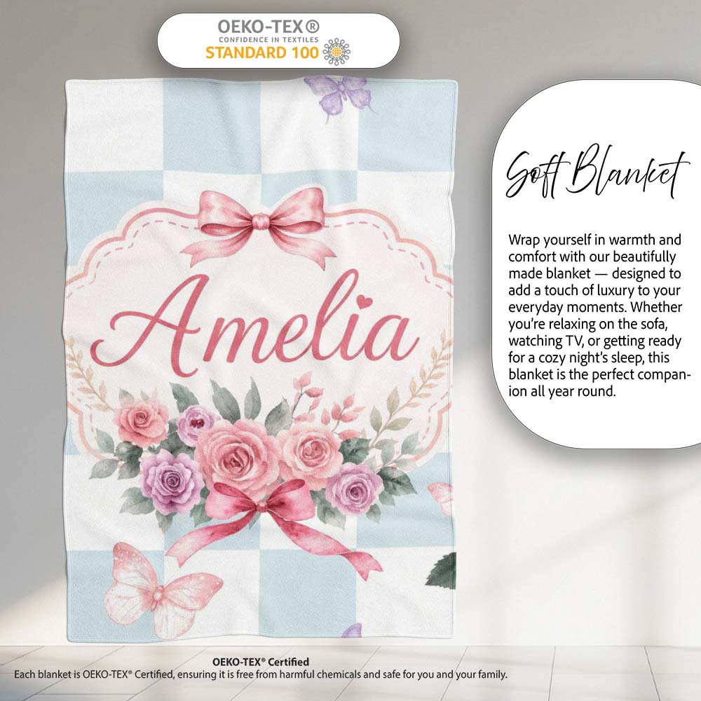 Elegant Watercolor Rose Bouquet Ribbon Butterfly Soft Blue Check Personalised Custom Name Super Soft Fleece Blanket Bed Sofa Throw