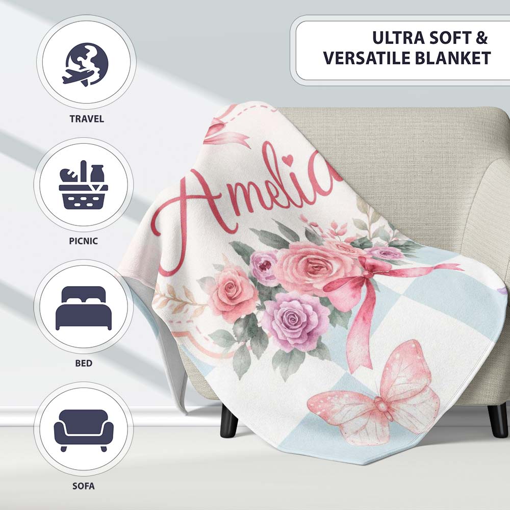 Elegant Watercolor Rose Bouquet Ribbon Butterfly Soft Blue Check Personalised Custom Name Super Soft Fleece Blanket Bed Sofa Throw