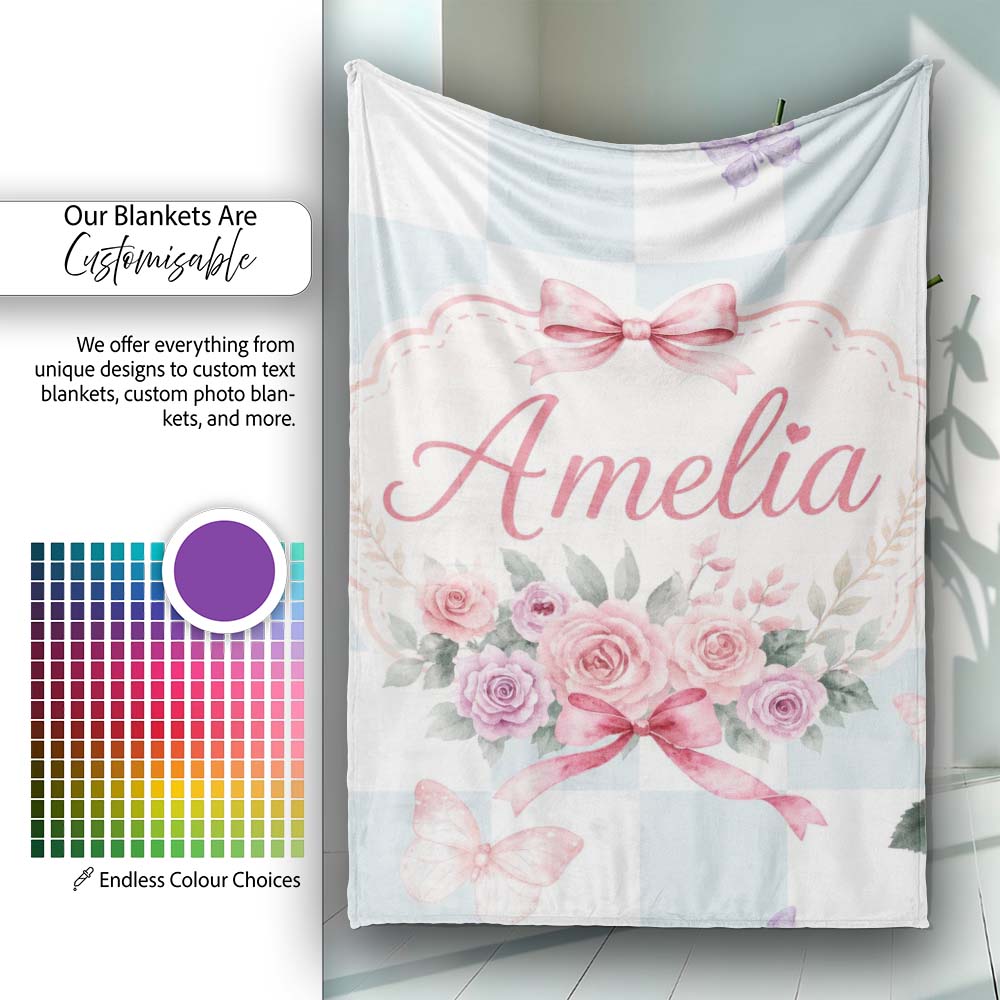 Elegant Watercolor Rose Bouquet Ribbon Butterfly Soft Blue Check Personalised Custom Name Super Soft Fleece Blanket Bed Sofa Throw