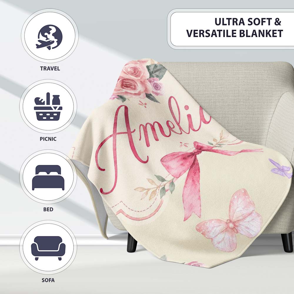Elegant Watercolor Rose Bouquet Ribbon Butterfly Warm Cream Lovely Personalised Custom Name Super Soft Fleece Blanket Bed Sofa Throw