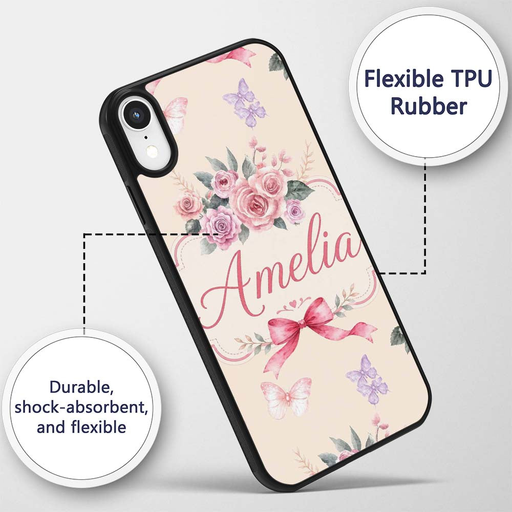 Elegant Watercolor Rose Bouquet Ribbon Butterfly Custom Name Protective Phone Case Mobile Cover Durable Everyday Smartphone Shock Resistant