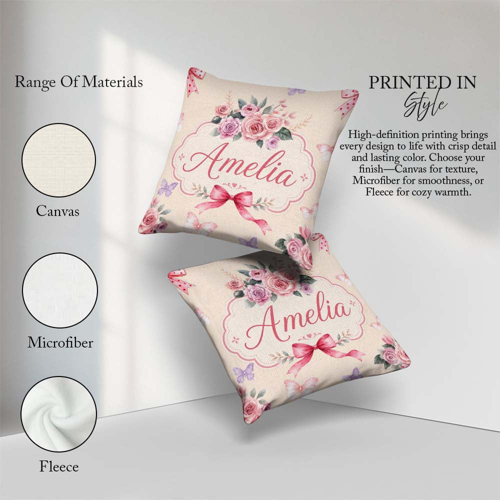 Custom Name Elegant Watercolor Rose Bouquet Ribbon Soft Neutral Square Filled Cushion Throw Pillow Sofa Bed Home Decor Zip Washable UK Made