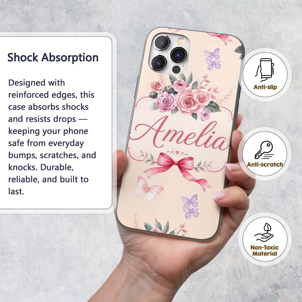 Elegant Watercolor Rose Bouquet Ribbon Butterfly Custom Name Protective Phone Case Mobile Cover Durable Everyday Smartphone Shock Resistant