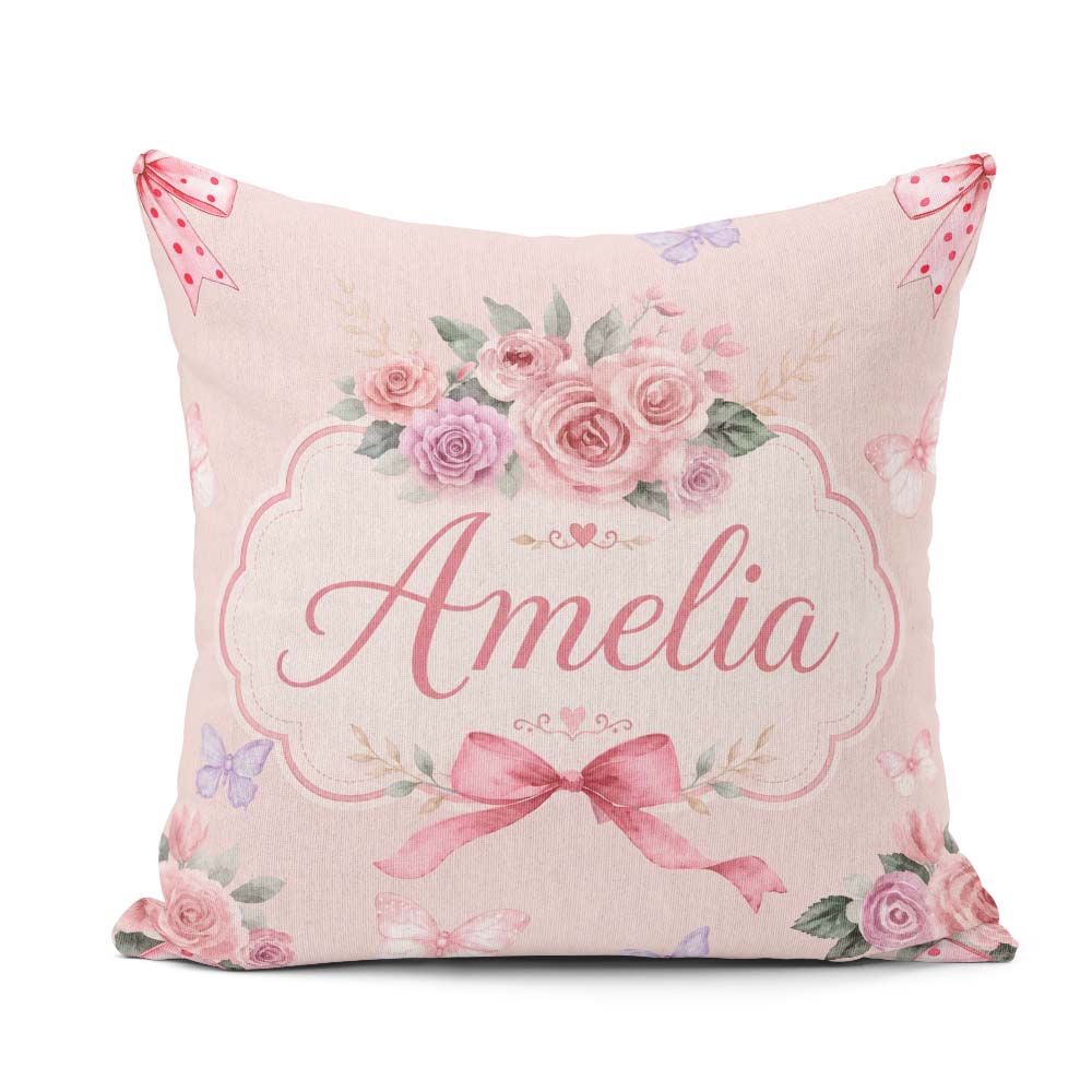 Custom Name Elegant Watercolor Rose Bouquet Butterfly Background Square Filled Cushion Throw Pillow Sofa Bed Home Decor Zip Washable UK Made