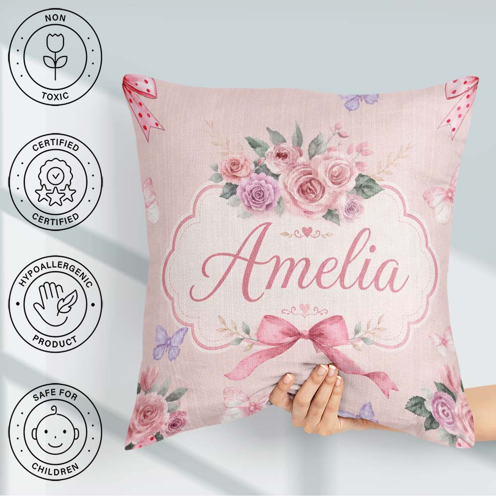 Custom Name Elegant Watercolor Rose Bouquet Butterfly Background Square Filled Cushion Throw Pillow Sofa Bed Home Decor Zip Washable UK Made