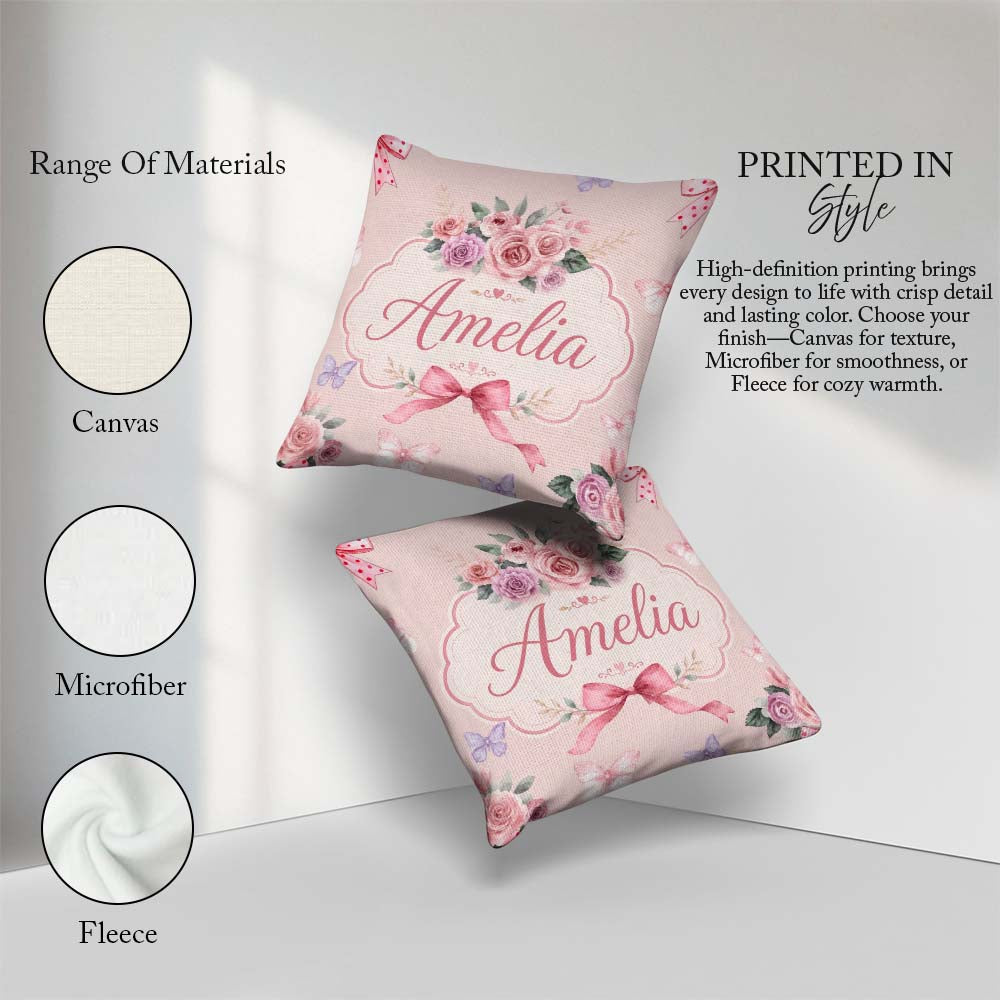 Custom Name Elegant Watercolor Rose Bouquet Butterfly Background Square Filled Cushion Throw Pillow Sofa Bed Home Decor Zip Washable UK Made