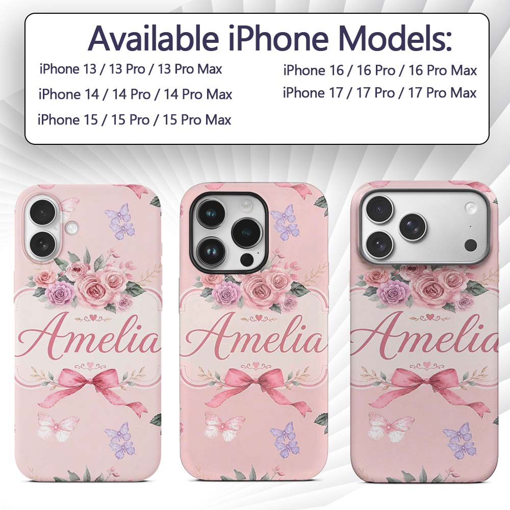 Elegant Watercolor Rose Bouquet Ribbon Butterfly Custom Name Protective Phone Case Mobile Cover Durable Everyday Smartphone Shock Resistant