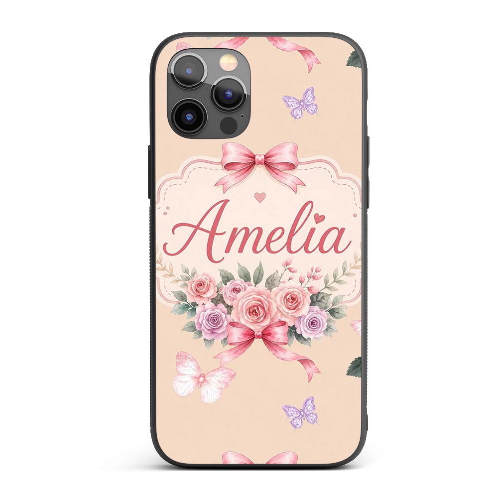 Elegant Watercolor Rose Bouquet Ribbon Butterfly Custom Name Protective Phone Case Mobile Cover Durable Everyday Smartphone Shock Resistant