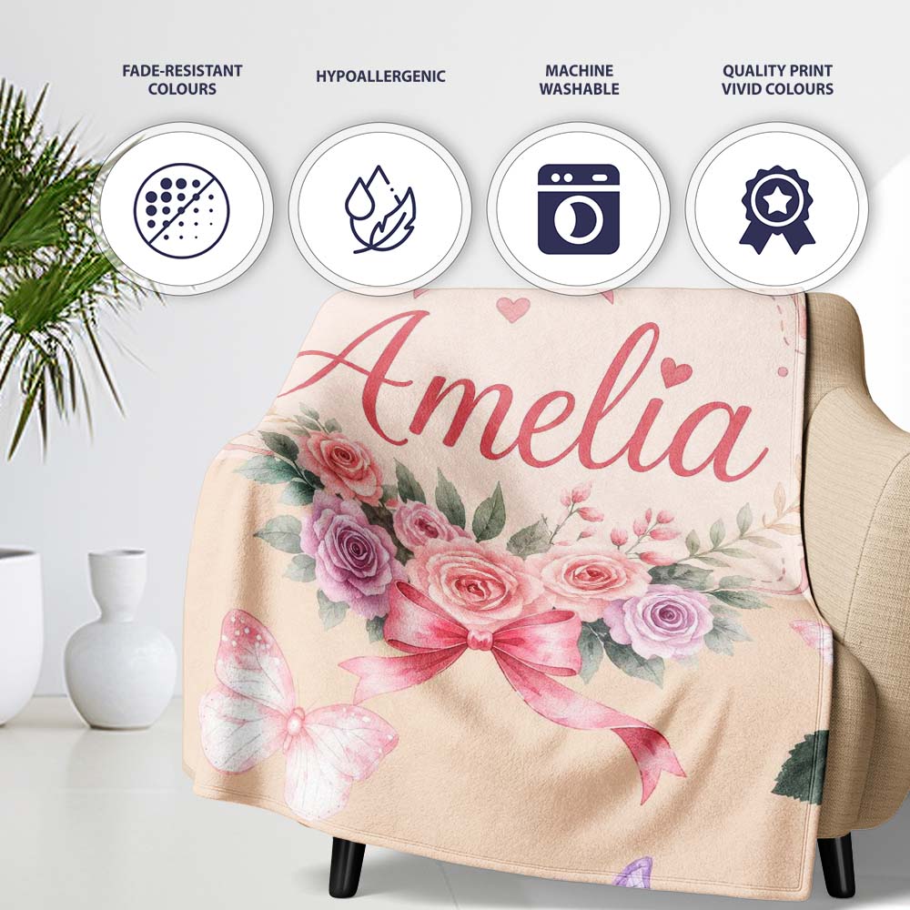Elegant Watercolor Rose Bouquet Ribbon Butterfly Warm Beige Lovely Personalised Custom Name Super Soft Fleece Blanket Bed Sofa Throw