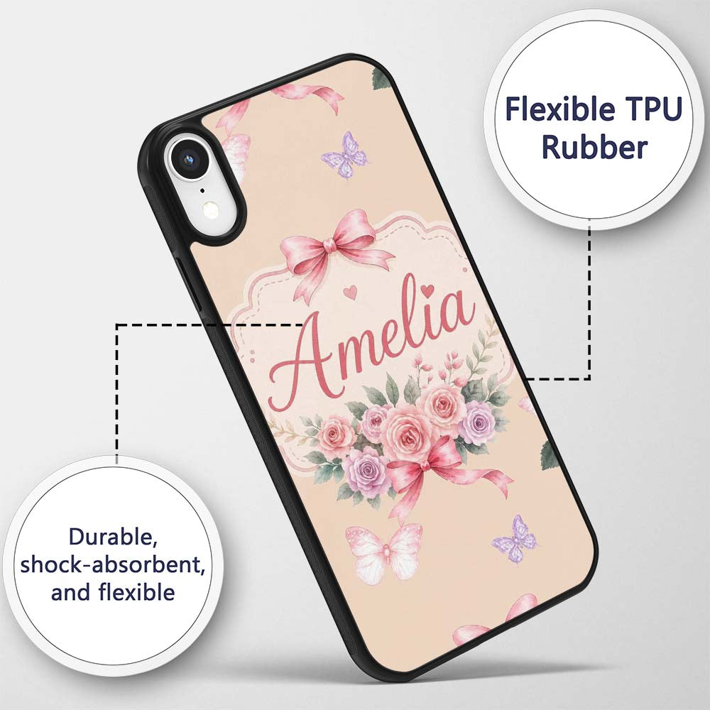 Elegant Watercolor Rose Bouquet Ribbon Butterfly Custom Name Protective Phone Case Mobile Cover Durable Everyday Smartphone Shock Resistant