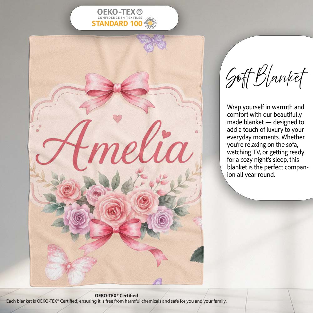 Elegant Watercolor Rose Bouquet Ribbon Butterfly Warm Beige Lovely Personalised Custom Name Super Soft Fleece Blanket Bed Sofa Throw