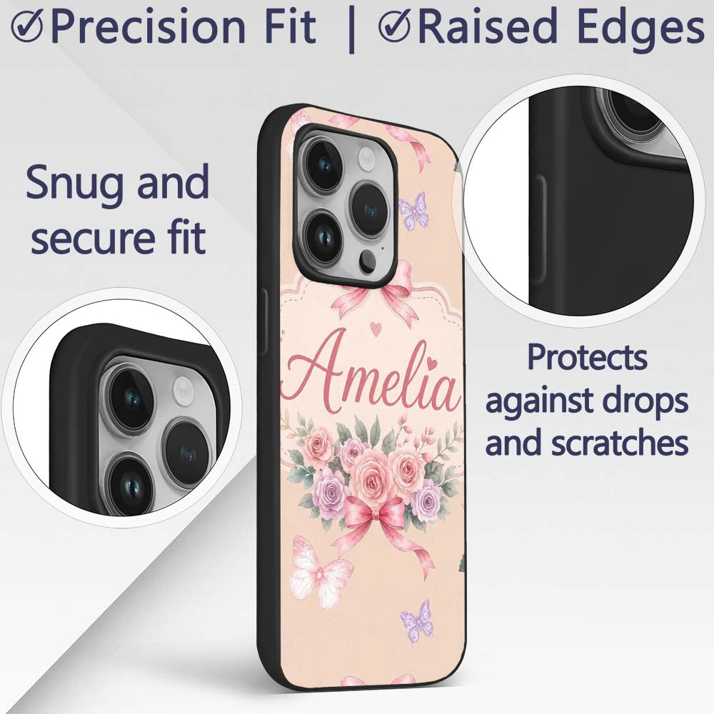 Elegant Watercolor Rose Bouquet Ribbon Butterfly Custom Name Protective Phone Case Mobile Cover Durable Everyday Smartphone Shock Resistant