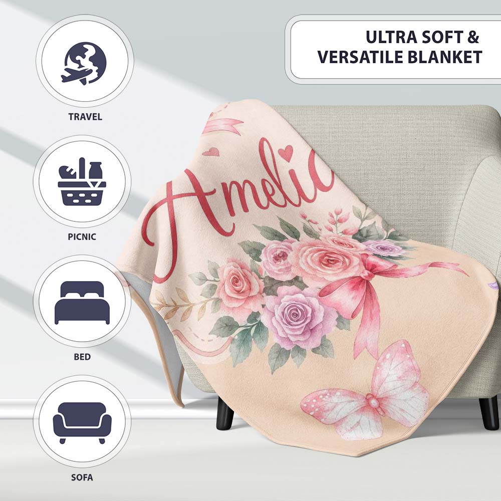 Elegant Watercolor Rose Bouquet Ribbon Butterfly Warm Beige Lovely Personalised Custom Name Super Soft Fleece Blanket Bed Sofa Throw