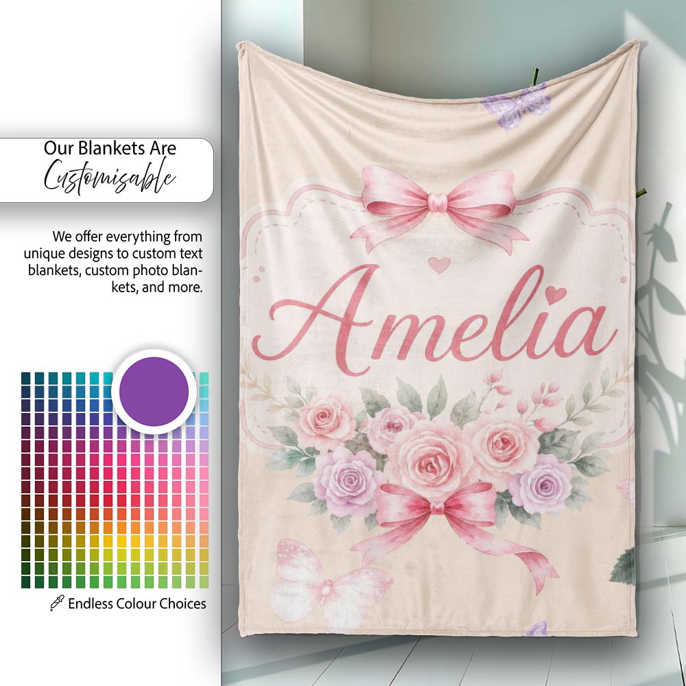 Elegant Watercolor Rose Bouquet Ribbon Butterfly Warm Beige Lovely Personalised Custom Name Super Soft Fleece Blanket Bed Sofa Throw