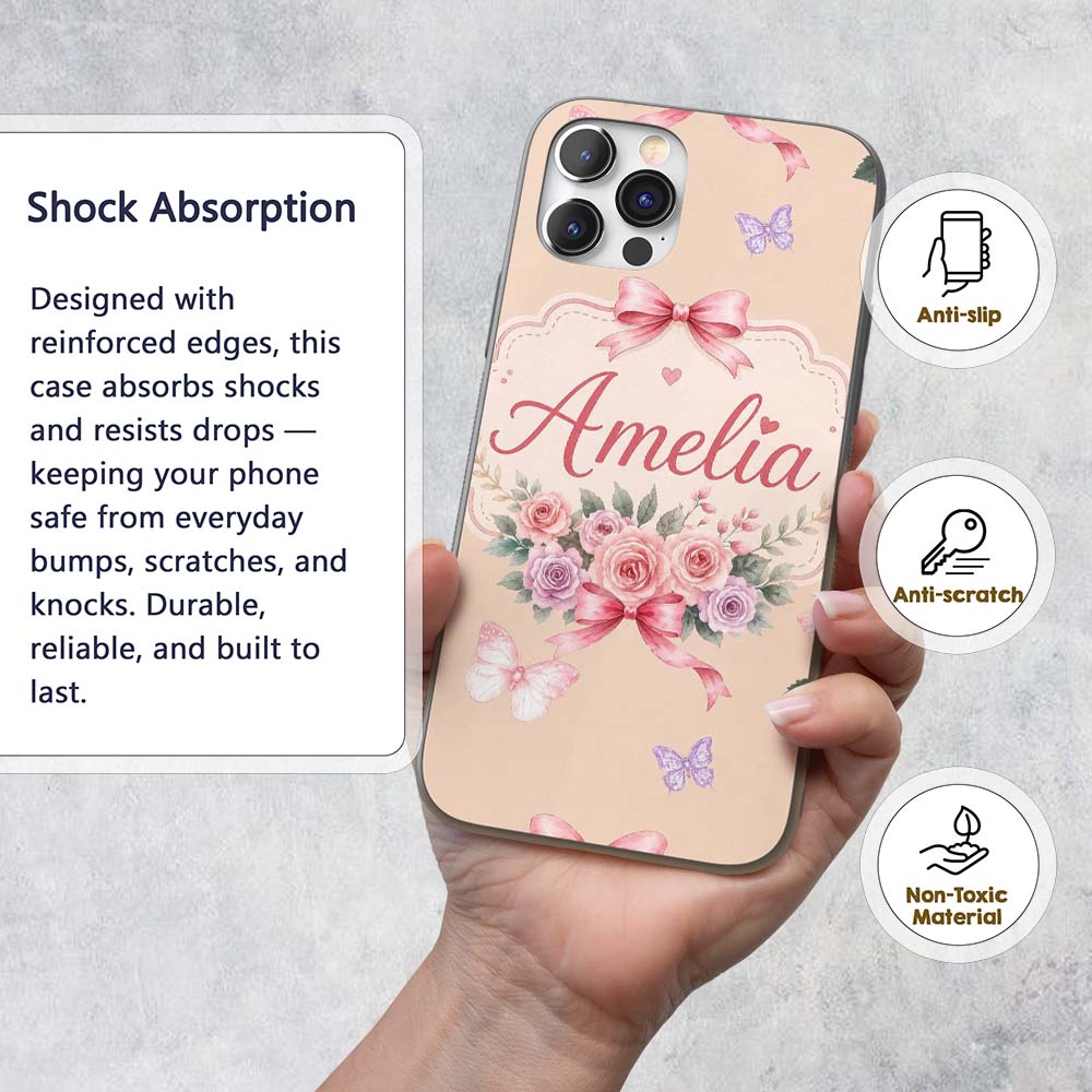 Elegant Watercolor Rose Bouquet Ribbon Butterfly Custom Name Protective Phone Case Mobile Cover Durable Everyday Smartphone Shock Resistant