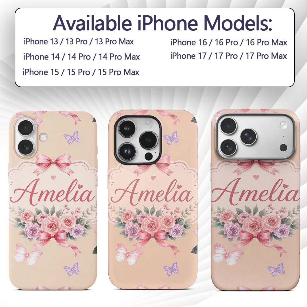 Elegant Watercolor Rose Bouquet Ribbon Butterfly Custom Name Protective Phone Case Mobile Cover Durable Everyday Smartphone Shock Resistant